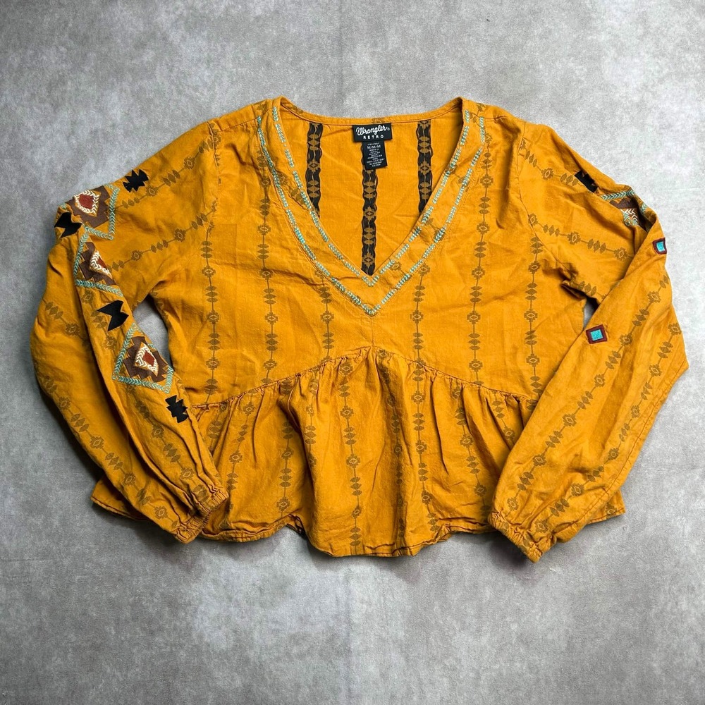 Wrangler Retro Womens Mustard Yellow Southwestern Embroidered Peplum Top Medium